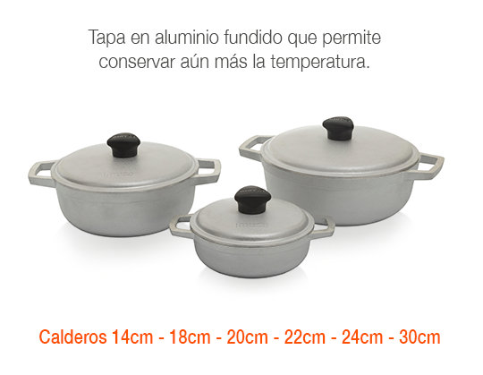 Su presentación en tapa de aluminio fundido conserva aún más la temperatura de tus preparaciones.