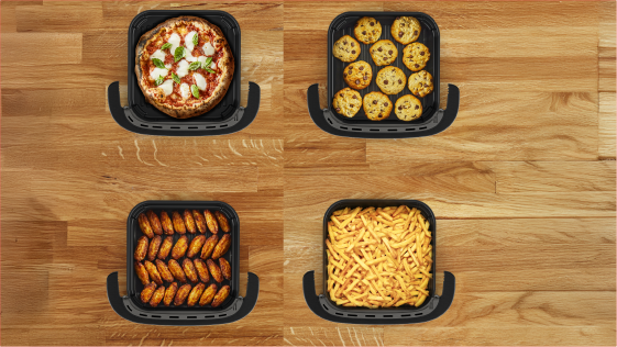 Con capacidad para 27cm de pizza, 11 galletas, 30 alitas de pollo o 1kg de papas fritas